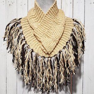 NEW Hand Knitted Boho Cowl Scarf Beige Black Brown Fringe Artsy Glam Hippie Mod